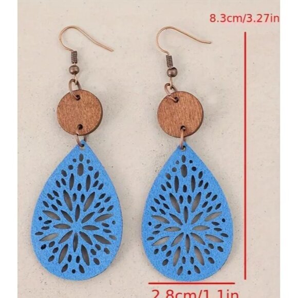 Turquoise Wood & Leather Teardrop Earrings NEW‎ - Picture 2 of 2